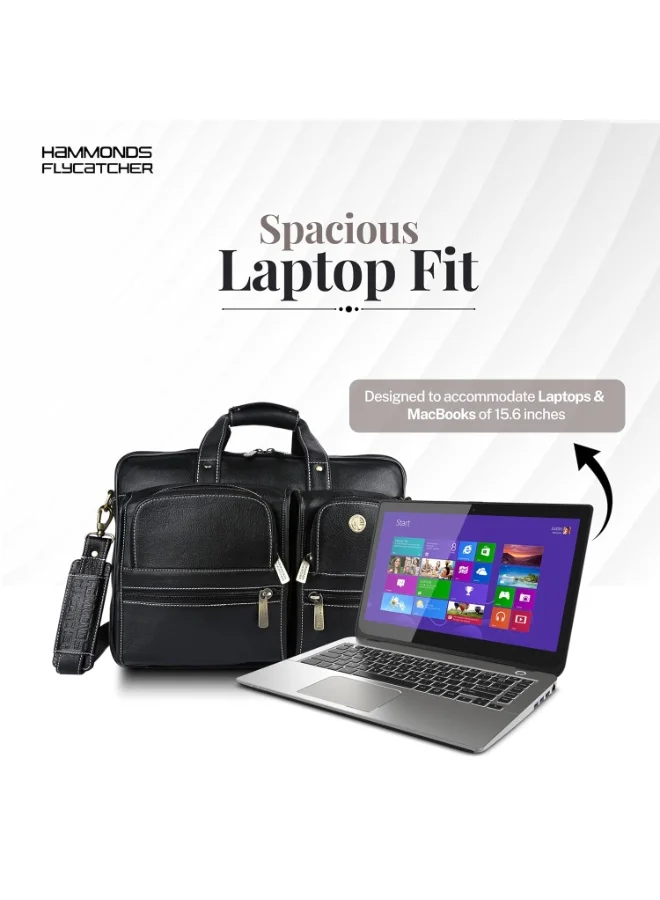 Hammonds Flycatcher  Genuine Leather Office Bag for Men, Premium 15.6 Inch Laptop Bag for Men, Multi Compartments & Adjustable Strap, Ideal for Office, Travel, Daily Use-LB136 BLK  | Best Price UAE